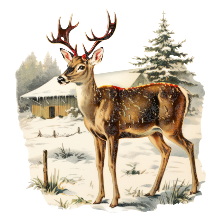 Vintage farm deer standing in snow with barn and pine trees, Grey Barn Handwerk, Saskatchewan.